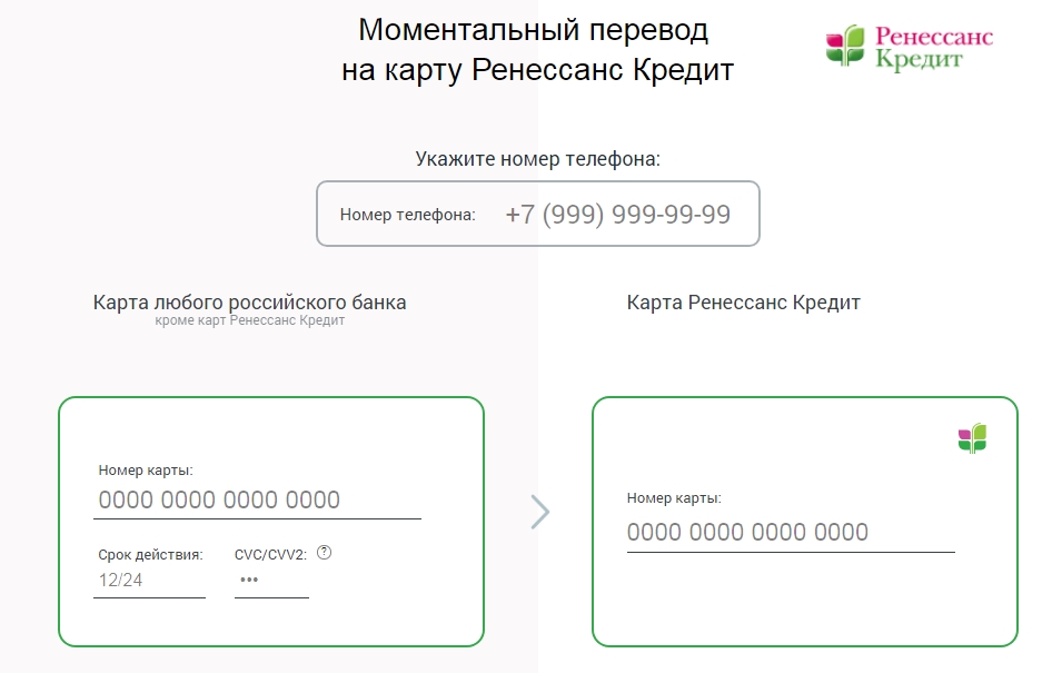 Моментальный онлайн перевод (c2c)  в банке "Ренессанс Кредит"