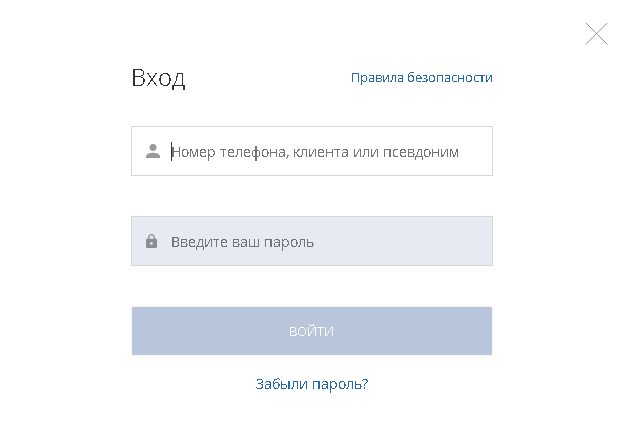 Заполнение формы входа в кабинет