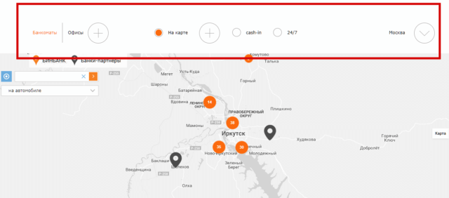 Просмотр банкоматов на сайте Бинбанк