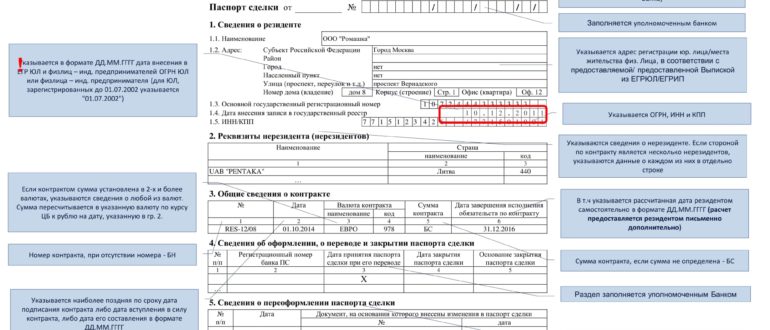 Пример заполнения паспорта сделки по контракту