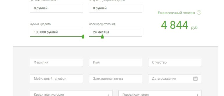 Окно заполнения заявки на кредит